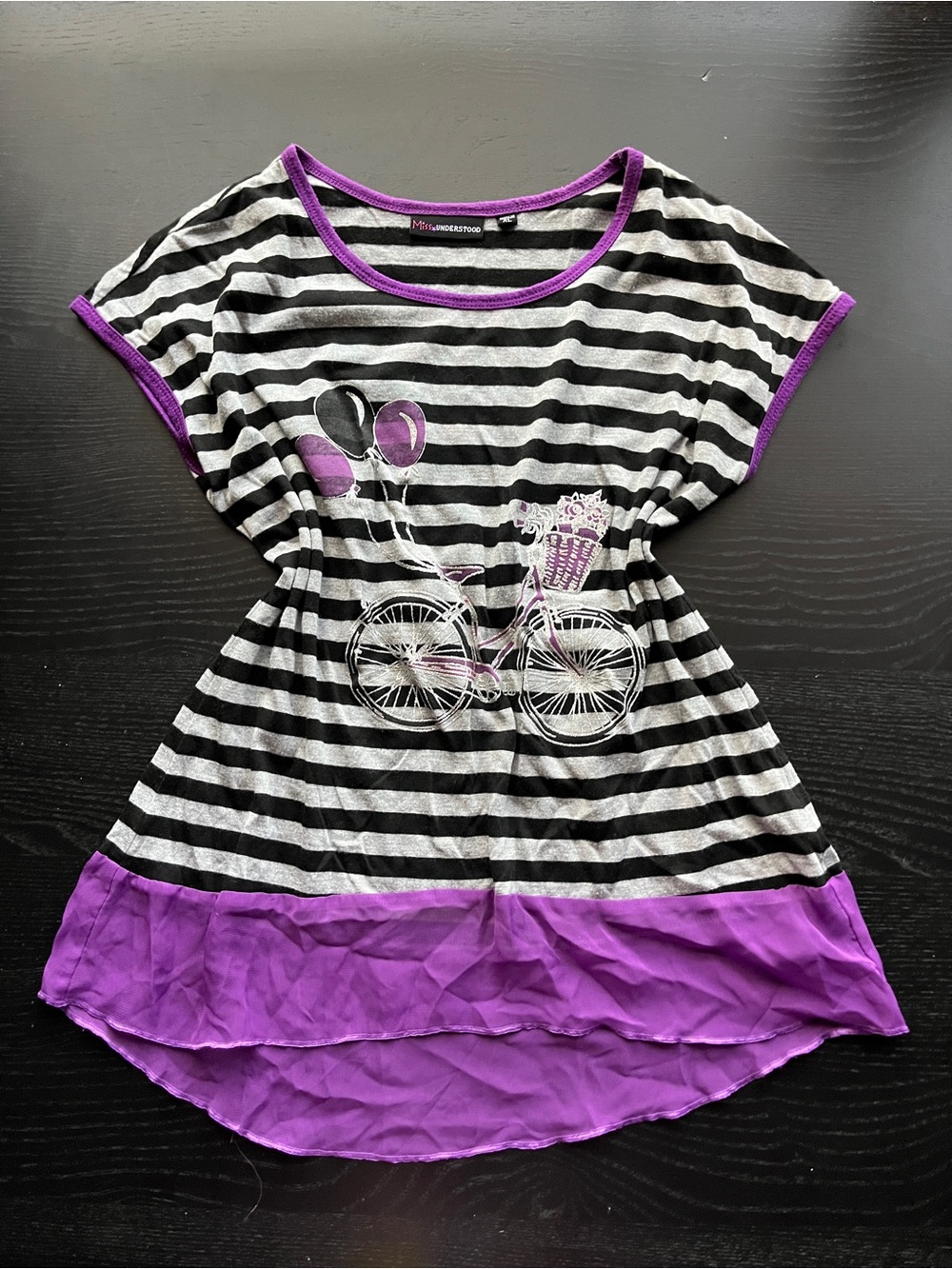 Y2K Girls' Grunge Striped Bicycle Short Sleeve Tee with High-Low Purple Trim